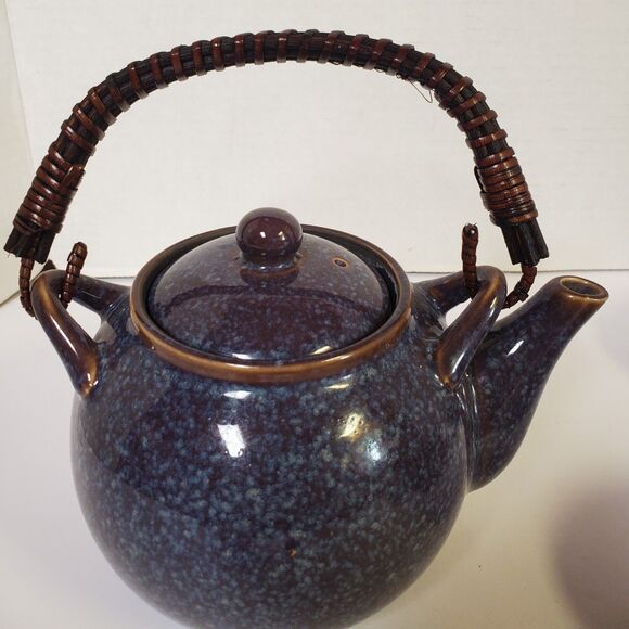 Teavana Stoneware Blue Glaze Tea Pot with Wicker Handle and 4 Cups - Picture 2 of 6